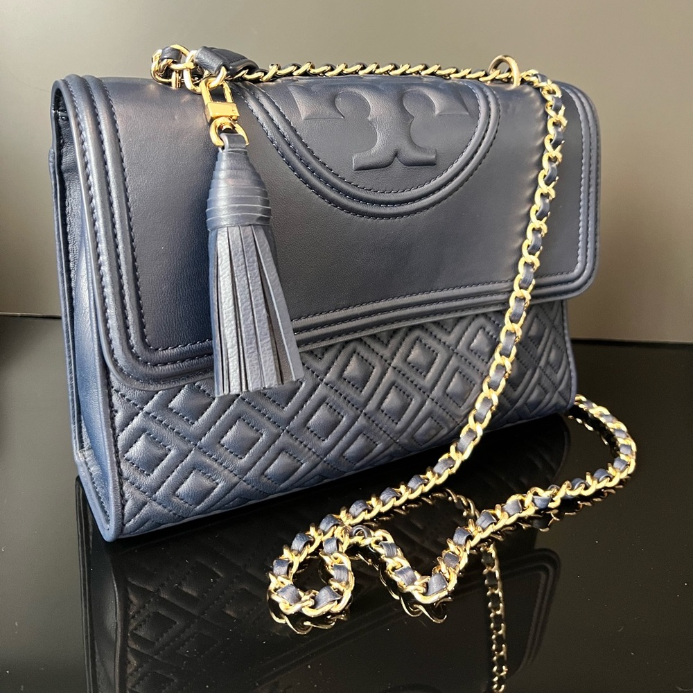 Tory Burch Lambskin Leather Fleming Convertible Shoulder Bag in Navy Blue